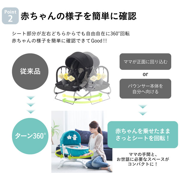 H-2 バウンサー ターン360° グレー::ホクソンベビー